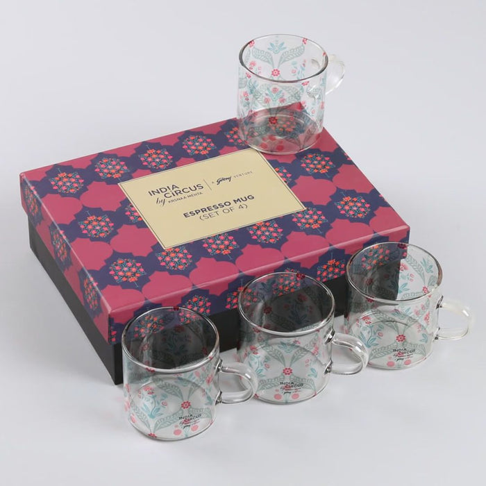 India Circus Blooming Dahlia Borosilicate Glass Espresso Mug Set of 4 (130 ml)