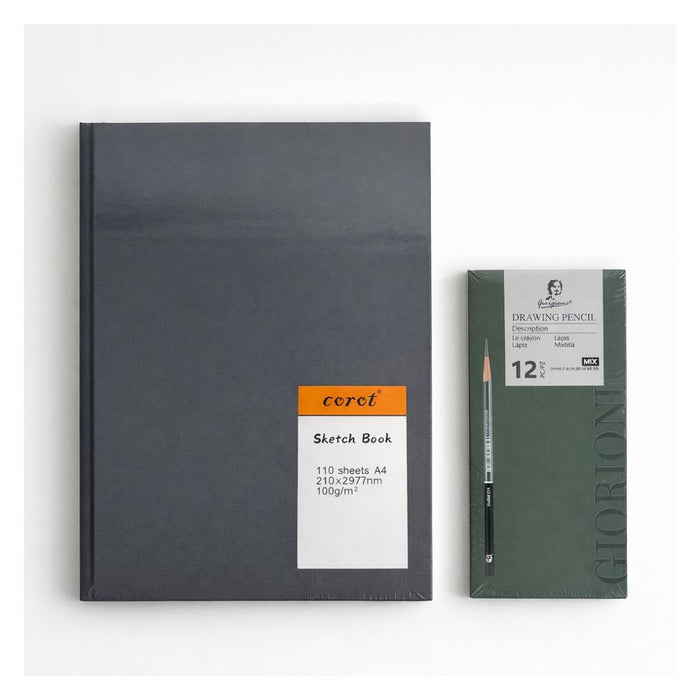 Sketching Set Combo – Corot A4 Hard Cover Sketchbook with Giorgione Drawing & Charcoal Pencils