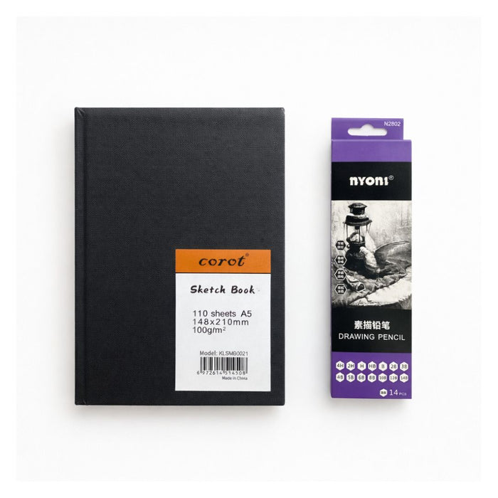 Sketching Kit Combo – A5 Corot Sketchbook with 14 Drawing Pencils