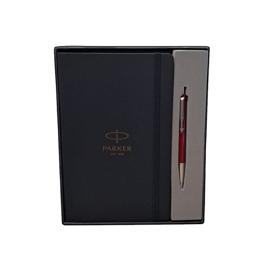Parker Vector Standard Red Chrome Trim Ball Pen with Parker Notebook – Gift Set
