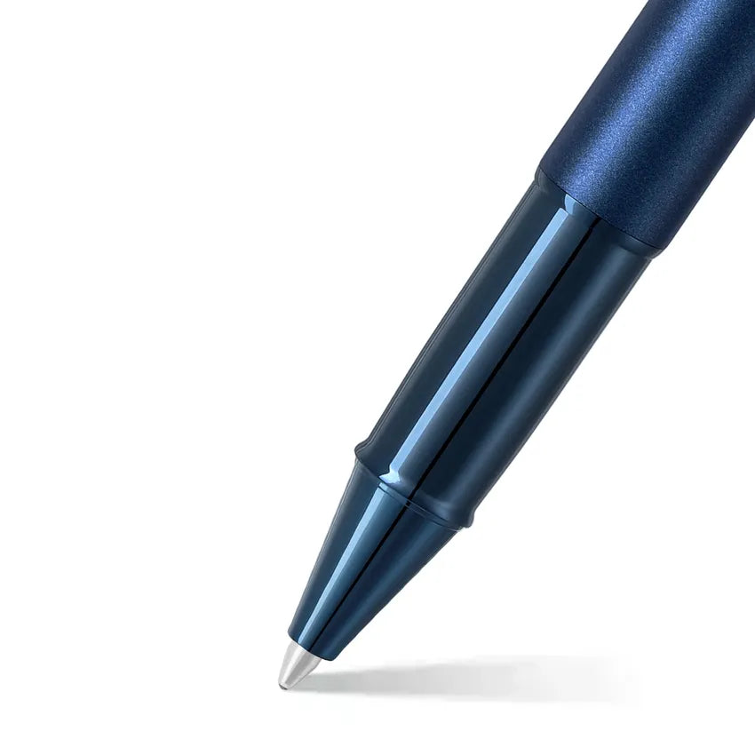sheaffer-100-9371-satin-blue-rollerball-pen-with-pvd-blue-trim-nib-view