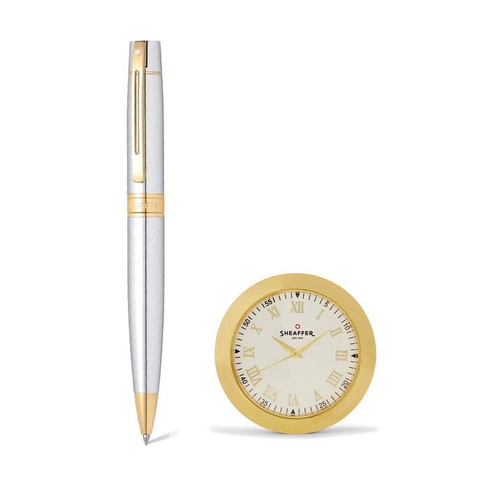 Sheaffer Gift Set – Bright Chrome 300 Ballpoint Pen with Gold Trims & Table Clock