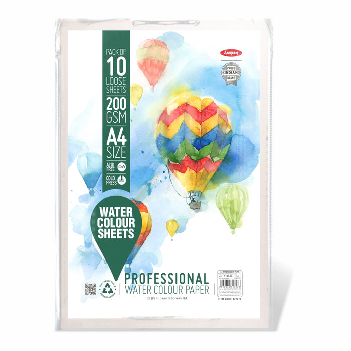 Anupam - Professional Water Colour Paper Pack of 10 Loose Sheets A4/200GSM