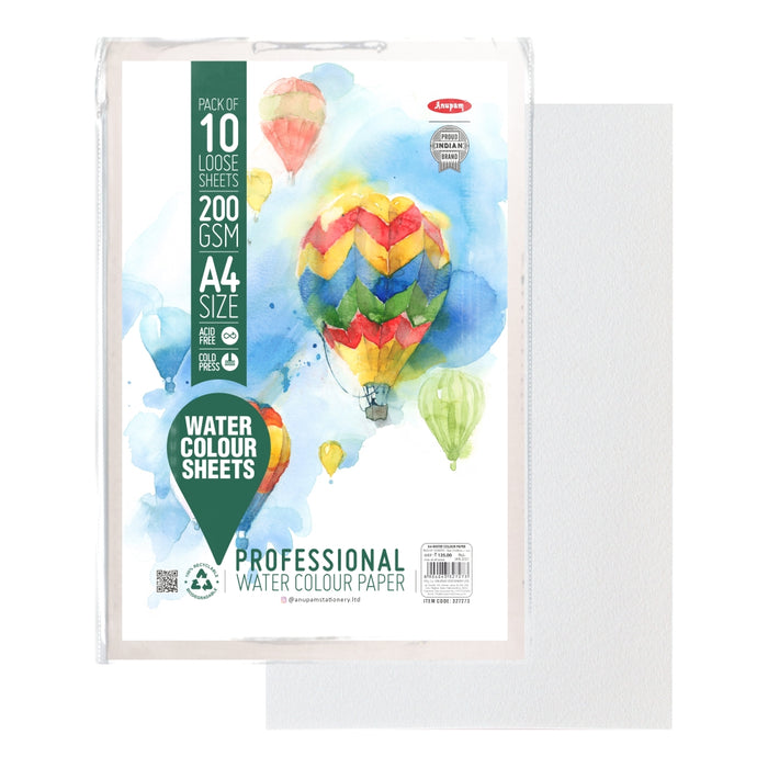 Anupam - Professional Water Colour Paper Pack of 10 Loose Sheets A4/200GSM