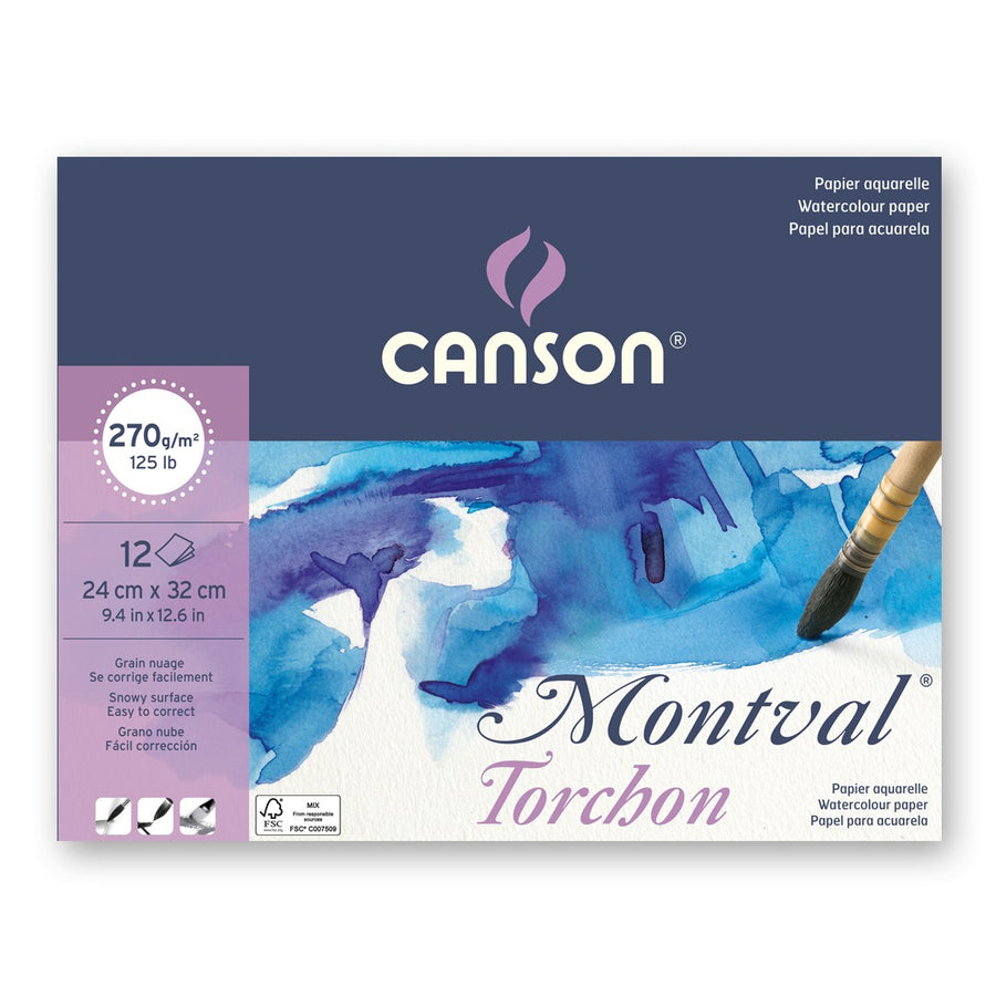 CANSON MONTVAL 270GSM WATERCOLOUR PAPAR PAD - 12 SHEETS NATURAL WHITE - 24 X 32 CM