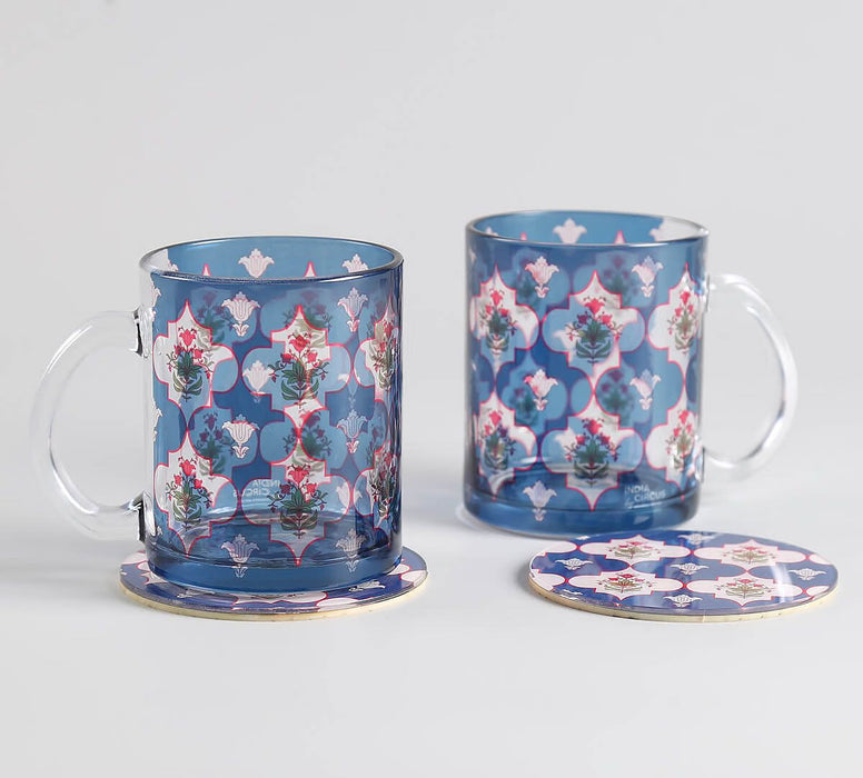 India Circus Blue Lattice Treasures Glass Mugs & Coasters Combo – Set of 2