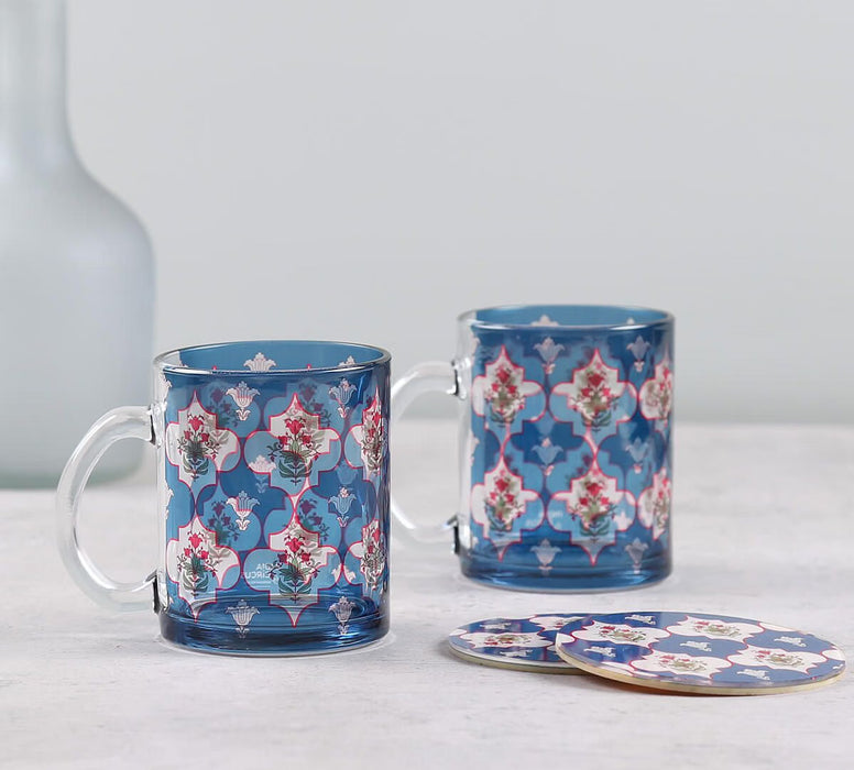 India Circus Blue Lattice Treasures Glass Mugs & Coasters Combo – Set of 2