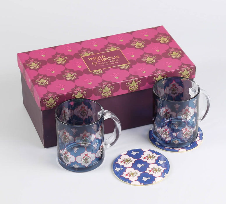 India Circus Blue Lattice Treasures Glass Mugs & Coasters Combo – Set of 2