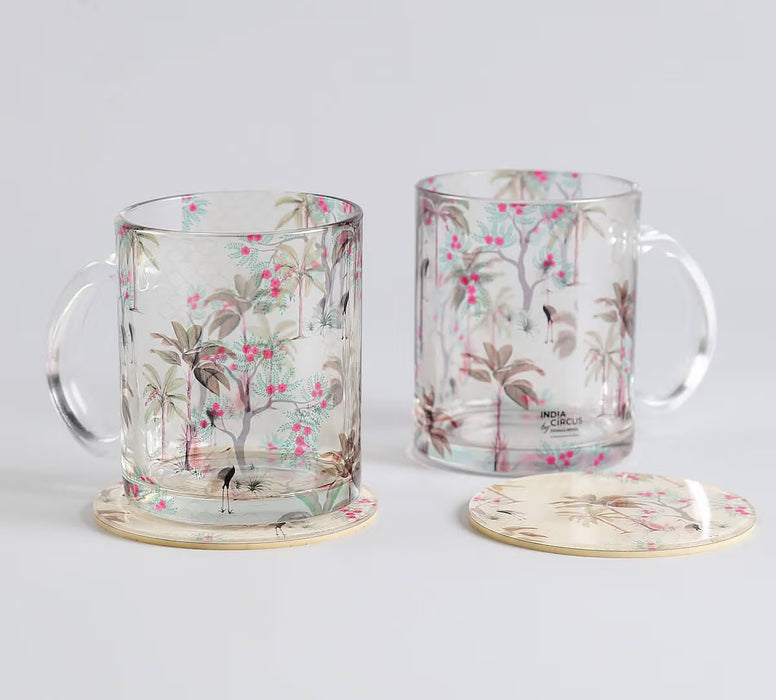 India Circus Floral Flock Glass Mugs & Coasters Combo – Set of 2