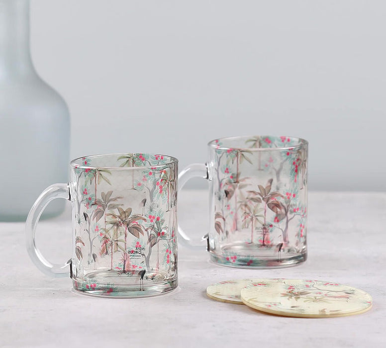 India Circus Floral Flock Glass Mugs & Coasters Combo – Set of 2