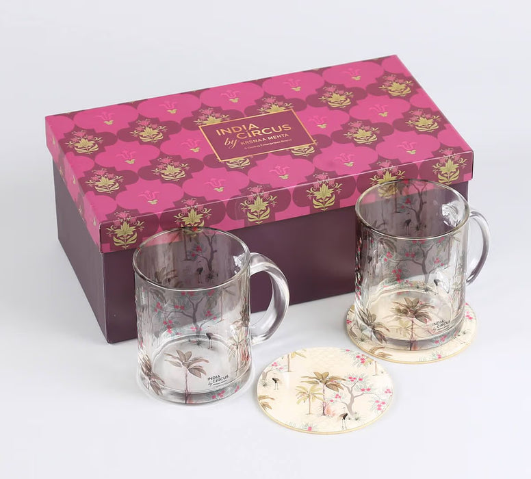 India Circus Floral Flock Glass Mugs & Coasters Combo – Set of 2