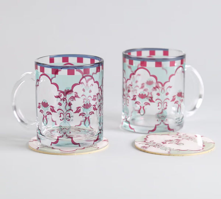India Circus Giardino Segreto Glass Mugs & Coasters Combo – Set of 2