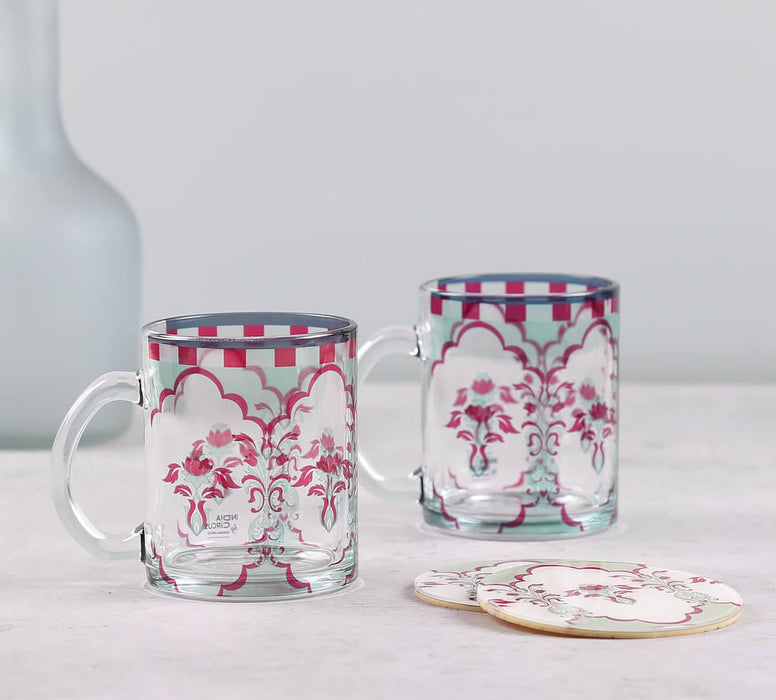 India Circus Giardino Segreto Glass Mugs & Coasters Combo – Set of 2
