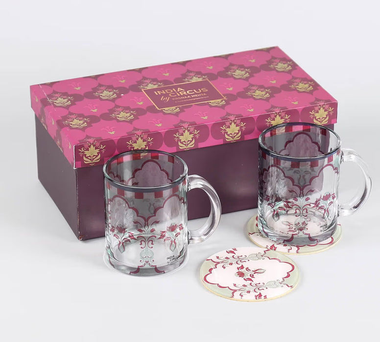 India Circus Giardino Segreto Glass Mugs & Coasters Combo – Set of 2