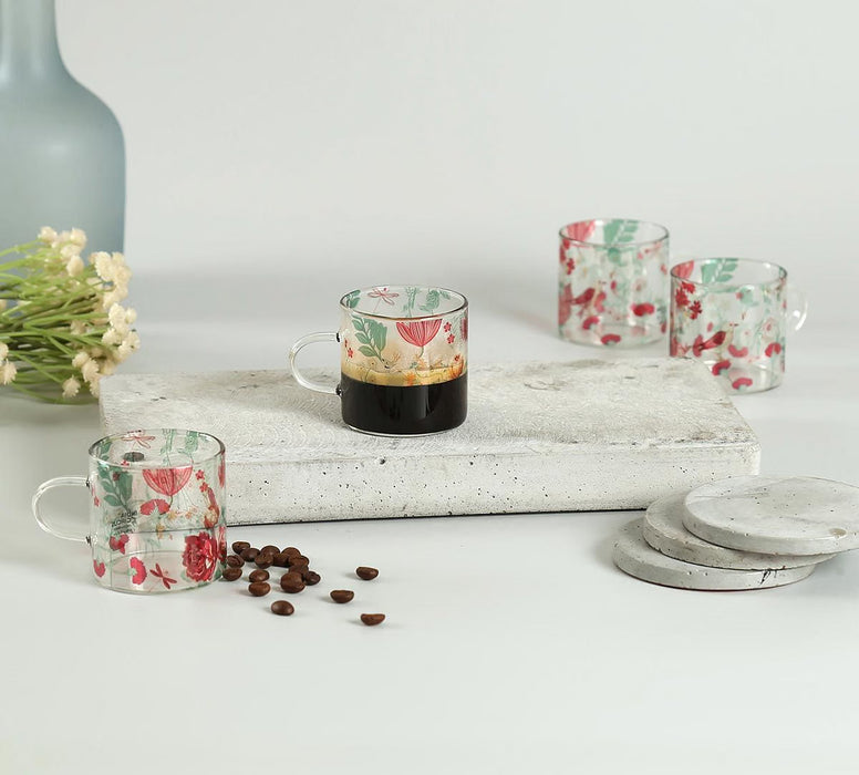 India Circus Grey Floral Galore Glass Espresso Mug Set of 4