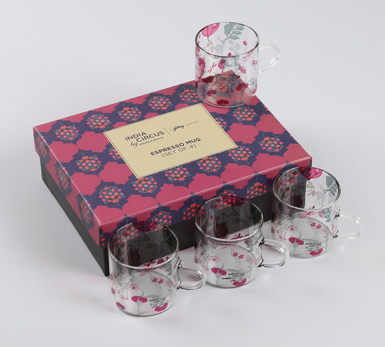 India Circus Grey Floral Galore Glass Espresso Mug Set of 4