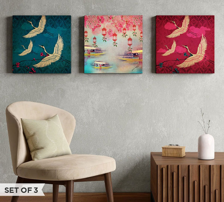 India Circus - Lakeside Crane Flight Canvas Wall Art Set of 3