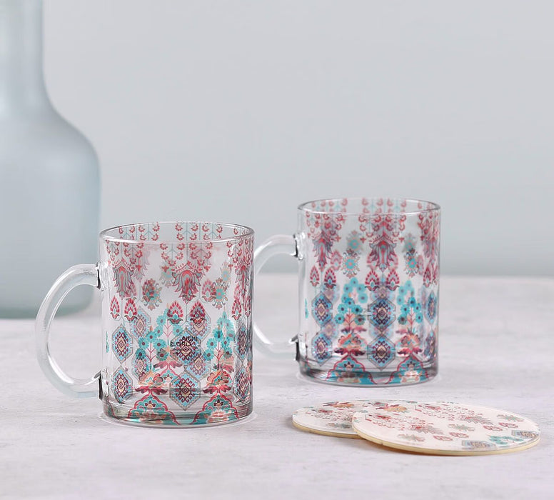 India Circus Pearls of Veneration Glass Mugs & Coasters Combo – Set of 2