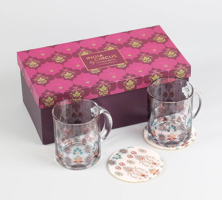 India Circus Pearls of Veneration Glass Mugs & Coasters Combo – Set of 2