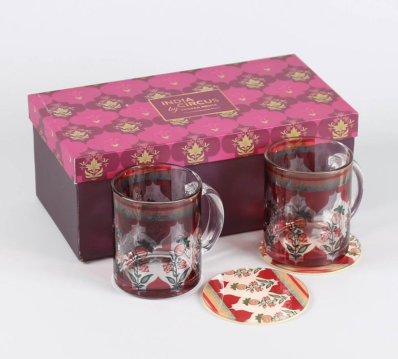India Circus Pome Poetry Glass Mugs & Coasters Combo – Set of 2