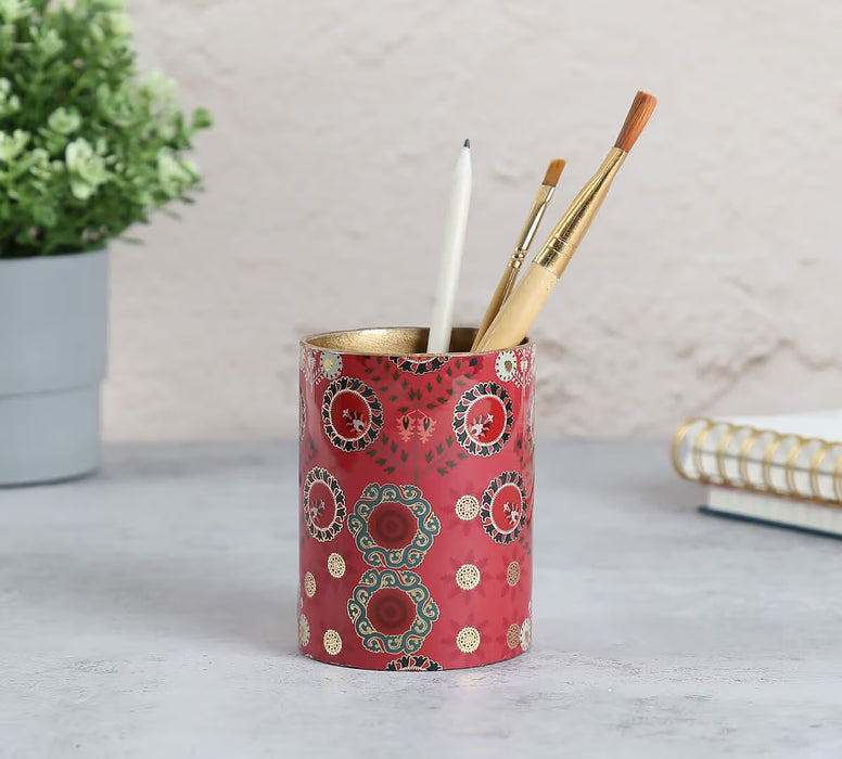 India Circus – Raceme Rosettes Round Pen Holder | Enamel Finish with Gold Foil | MDF