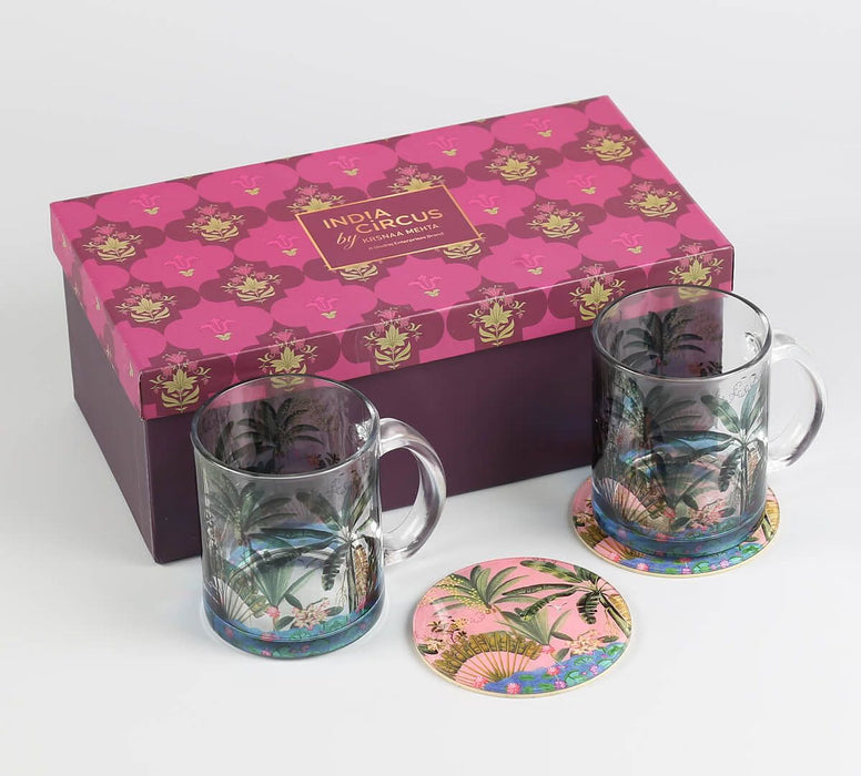 India Circus Tropical Daze Glass Mugs & Coasters Combo – Set of 2