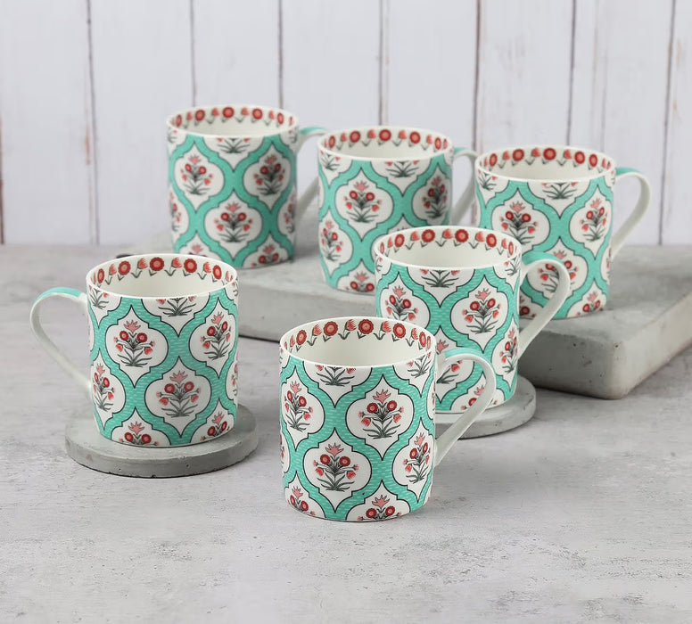 India Circus - Teal Lattice Motifs Coffee Mugs Set of 6