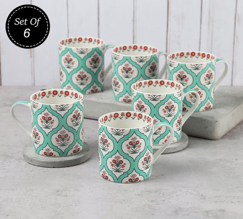 India Circus - Teal Lattice Motifs Coffee Mugs Set of 6