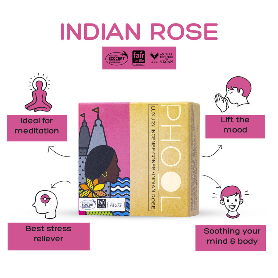 PHOOL - Natural Incense Cones - Indian Rose (40U)